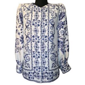 Alex Marie Women's Blouse SZ Med Wren Blue Scroll Button Front Feminine Classic